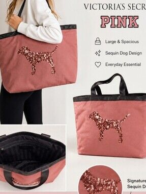 Victoria Secret Pink Blind Sequin Dog Large Tote Bag